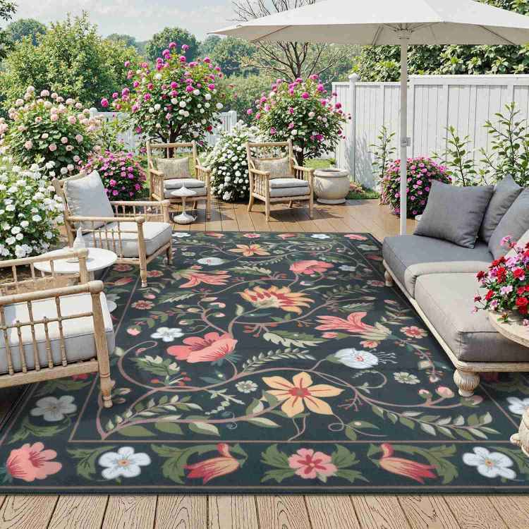 Outdoor Area Rug 8x10 ft, Large Floral Patio Rugs