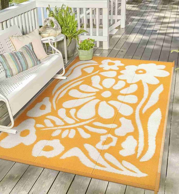 Outdoor Rugs 8x10 Waterproof, Reversible Orange Floral RV Camping Rug