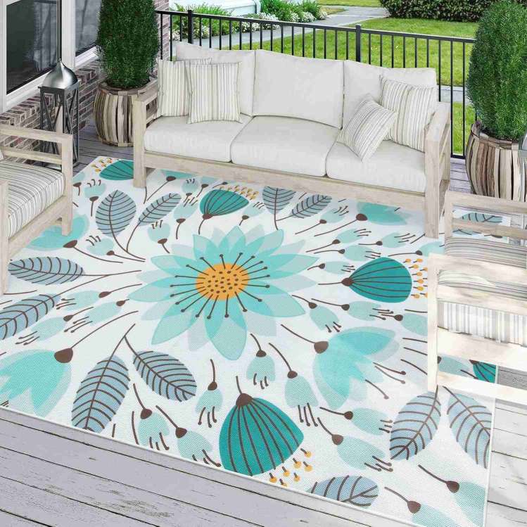 Outdoor Rugs 8x10 ft, Non-Slip Blue Floral RV Camping Rug