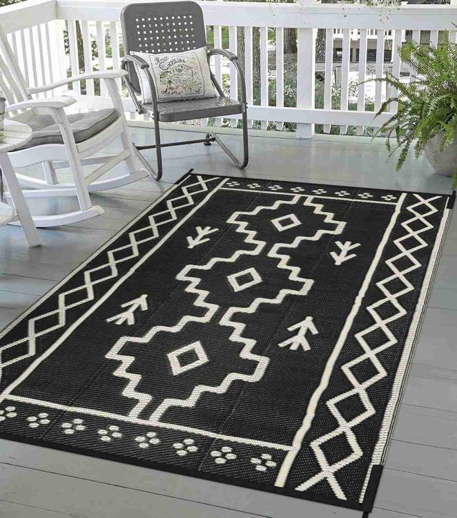 Outdoor Rugs 8x10 Waterproof, Reversible Black Boho RV Camping Rug